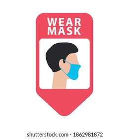 wear mask advertise label with man wearing face mask vector illustration design