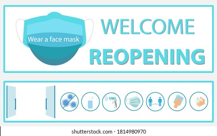 Wear a mask before entering the service.
Our store is open for business, welcome.
Hand gel mark, clean hands, keep distance, virus free, wear mask, thermometer, wipe clean.
Open door symbol.