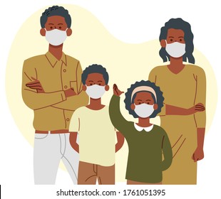 Wear Mask. Black Family With Two Kids Wearing Medical Masks To Prevent Disease, Virus, Urban Air Pollution, Flat Style Vector Illustration.