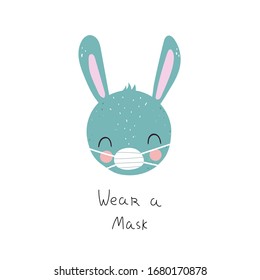 wear a mask. Cartoon bunny, Hand drawn motivation lettering, decor elements. Colorful vector illustration, flat style. design for cards, t-shirt print, poster