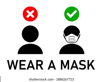 Wear A Mask Or Face Masks Required Icon With Text. Vector Image.