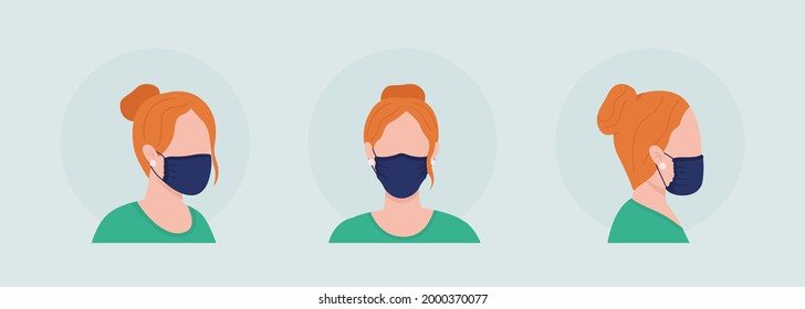 Wear mask with gathered sides semi flat color vector character avatar set. Portrait respirator from front, side view. Isolated modern cartoon style illustration for graphic design and animation pack