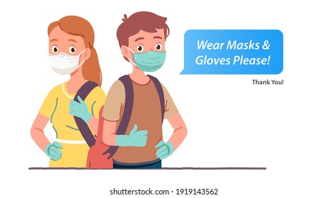 Wear Mask and Gloves Please text sign. Man, woman persons in protective masks, gloves. Coronavirus pandemic infection prevention safety. Corona virus epidemic warning poster flat vector illustration