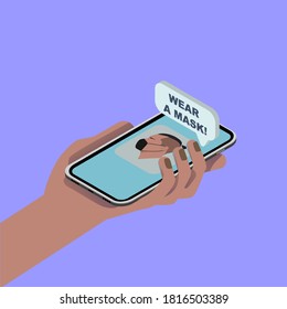 Wear a mask. Hand with smartphone and pop-up "wear a mask", logo man with top knot in the mask. Purple background. 