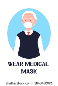 Wear mask icon vector. Flu, cold, coronavirus prevention is shown. Senior man is putting medical mask. Infected person illustration. Respiratory disease concept.