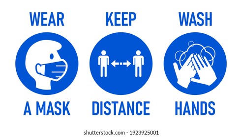 Wear a Mask, Keep Distance, Wash Hands Round Coronavirus Covid-19 Warning Icon Set. Vector Image.