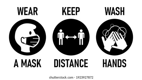 Wear a Mask, Keep Distance, Wash Hands Round Coronavirus Covid-19 Warning Icon Set. Vector Image.