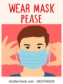 Wear mask please. very close up man wearing mask hand drawn vector illustration