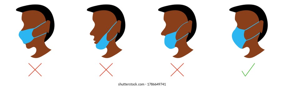 Wear mask properly. Correct ways to wear face mask. Vector Illustration.