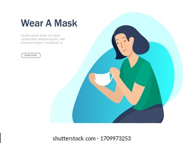 Wear mask, protect yourself and your family concept of coronavirus prevention. Woman wear mask on herself. Protection and revention of 2019-nCoV, banner and landing page, vector