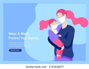 Wear mask, protect yourself and your family concept of coronavirus prevention. Mother wear mask on her child. Protection and revention of 2019-nCoV, banner and landing page, vector