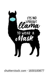 Wear a mask sign with llama silhouette and lettering isolated on white background. Funny informal reminder to wear a face mask to protect yourself.No probllama wear a face mask vector illustration