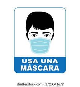 Wear A Mask Sign In Spanish Language, Vector Illustration