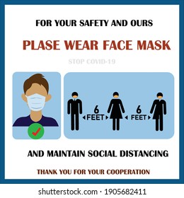 Wear Mask Sign And Symbol. Maintain Social Distancing. The Safety Sign For Wearing Face Covering.