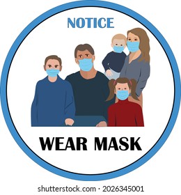 Wear mask sign and symbol. Please wear mask. The notice sign for wearing face covering to prevent the spread of Coronavirus COVID-19. Protective mask. Family wear mask.