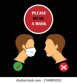 Wear Mask sign and symbol vector. Mask sign. Instruction icon for the banner and sign to protect by wearing a mask and maintain a minimum distance of 6 feet. Social Distancing sign. Mask
