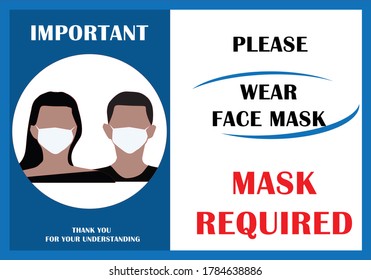 Wear mask sign vector. Mask sign and notice. Safety notice for wearing mask. Please wear face mask. 