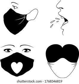 Wear a mask signs, icons, vectors, black and white, simple