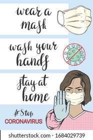 Wear a mask, wash your hands, stay at home. Instructions. Nurse shows hand sign stop