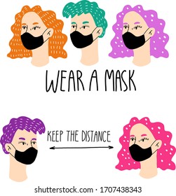 Wear the mask,keep the distance. Stop virus illustration.Coronavirus,COVID-19,Pandemic. Vector flat illustration.