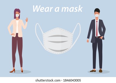 Wear a mask.People are encouraged to wear medical masks in public places.Security measures during the COVID-19 coronavirus epidemic.Flat vector illustration.