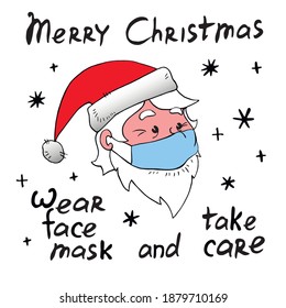 Wear medical face mask and take care - vector winter christmas poster with simple illustration and letterings. Measures to reduce risk of infection with Covid-19 coronavirus on xmas holiday