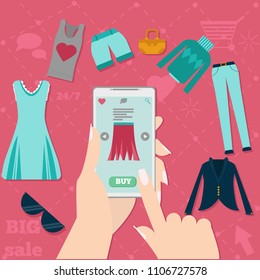Wear online shoping on cell phone screen. Online supermarket vector concept. Set of flat design concept icons for web marketing.