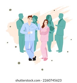 Wear Pajamas to Work Day. Office workers in good mood. April event. Vector illustration. Man and woman in pajamas going to work. Cartoon business people.