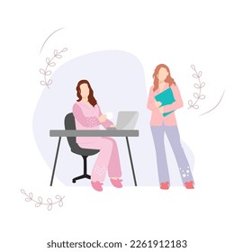 Wear Pajamas to Work Day. Vector illustration.Office workers in good mood.   Two women working in office. Cartoon business people.