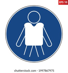 Wear personal flotation devices (PDF) sign. Vector illustration of circular blue mandatory sign with man wearing life jacket. Safety sign. Risk of drowning. 