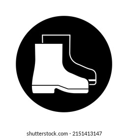 Wear protective footwear, shoes symbol, label, sticker, round black sign, vector illustration