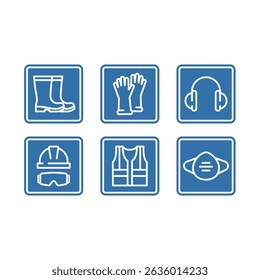 Wear protective gear or personal equipment sign set. Protective vest, boots, helmet and glasses vector label icons, editable stroke.