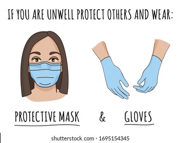 Wear protective gloves and mask poster. Coronavirus precautions. Hands wearing blue rubber gloves. Medical, virusology, self protection concept. Vector illustration isolated on white background