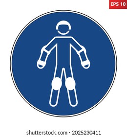 Wear protective roller sport equipment sign. Vector illustration of circular blue sign with man wearing body protectors. Head, palm, knee, wrist and elbow protector. Sport safety equipment symbol.