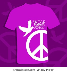 Wear Purple for Peace Day event banner. A purple t-shirt depicting a peace symbol and a white bird on a dark purple background to commemorate May 16th