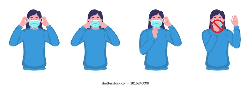 Wear and remove medical mask. Step by step infographic illustration of how to wear and remove a medical mask.