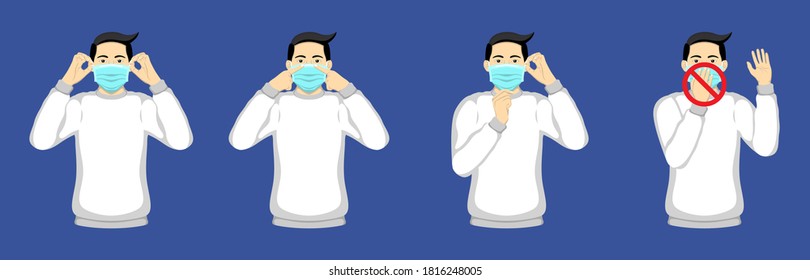 Wear and remove surgical mask. Step by step infographic illustration of how to wear and remove a surgical mask.