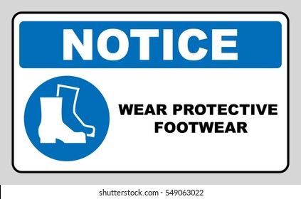 Wear safety footwear. Protective safety boots must be worn, mandatory sign in blue circle isolated on white, vector illustration. Notice label