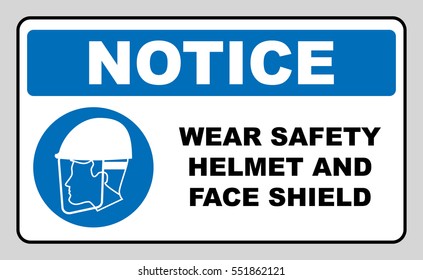 Wear safety helmet and face shield sign. Information mandatory symbol in blue circle isolated on white. Vector illustration. Notice