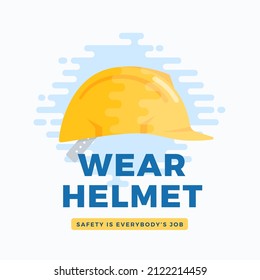 Wear safety helmet warning label. Flat style construction hardhat icon advertising illustration. Protective headgear uniform caution sticker card. Isolated