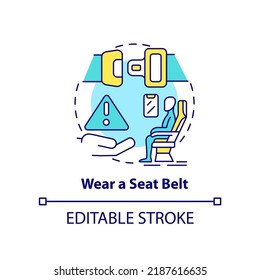Wear seatbelt concept icon. Airplane passenger safety abstract idea thin line illustration. Shoulder harnesses. Isolated outline drawing. Editable stroke. Arial, Myriad Pro-Bold fonts used