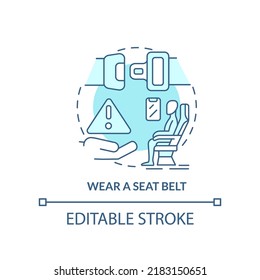 Wear seatbelt turquoise concept icon. Airplane passenger safety abstract idea thin line illustration. Shoulder harnesses. Isolated outline drawing. Editable stroke. Arial, Myriad Pro-Bold fonts used