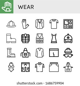 wear simple icons set. Contains such icons as Gloves, Hat, Jeans, Jacket, Polo shirt, Wardrobe, Boot, Anorak, Vest, Nightgown, Cap, Boots, can be used for web, mobile and logo