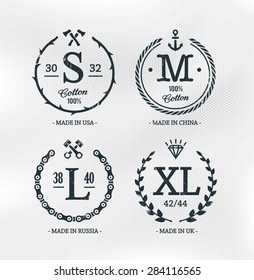 Wear size emblems on cotton textured white background. Retro styled design templates. Vector illustrations.