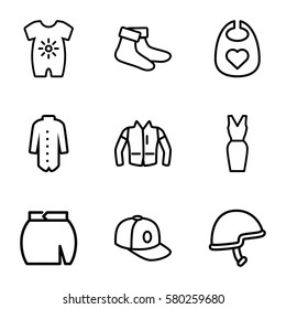 wear vector icons. Set of 9 wear outline icons such as baby onesie, baby bid, socks, skirt, dress, baseball cap, jacket