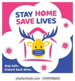 Wear Your Mask Coronavirus Covid19 reindeer social distancing awareness vector banner design Keep distance avoid covid-19 virus poster design Christmas colorful warning caution sticker design template