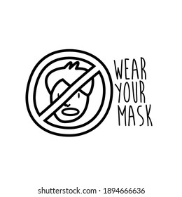 wear your mask lettering campaign with man in denied symbol line style vector illustration design