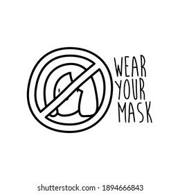 wear your mask lettering campaign with woman in denied symbol line style vector illustration design