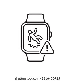 Wearable device displays critical fall notification and safety icon. Essential for personal emergency response and health monitoring systems.