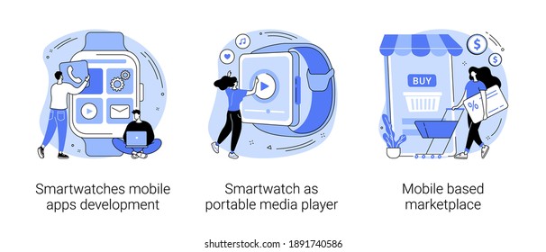 Wearable devices abstract concept vector illustration set. Smartwatches mobile apps development, portable media player, mobile based marketplace, dev team, e-shop app purchase abstract metaphor.